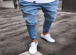 Mens Super Skinny Light Blue Jeans Fashion Designer pleated Panelled Denim Joggers Washed Stretch Biker Pencil Pants Trousres9053796