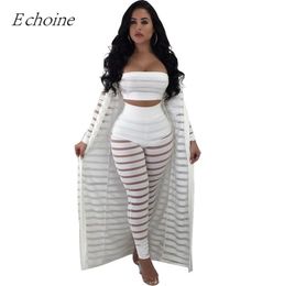 Echoine Sexy 3 Pieces Set Sheer Mesh Club Outfits Plus Size Crop Top Pants Long Sleeve Cardigan two piece set ensemble femme 201005888114