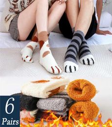 6 PairsLot Winter Warm Cat Paw Socks Women Girl Cartoon Sleeping Home Floor Sock Thick Fuzzy Fluffy Cute Animal Paw Socks Funny 264620812