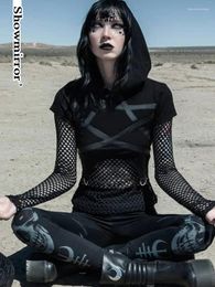 Women's T Shirts Gothic Black Crop Top Hooded Chic See Through Mesh Patchwork Full Sleeve Skinny Basic T-shirt Women Punk Style Stitched