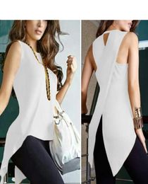 New Women Asymmetry O Neck Tank Top Summer Split Sleeveless Vest Blouse Ladies Fashion Long Irregular T Shirt Tops2661395