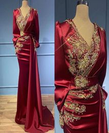 Dark Red Mermaid Prom Evening Dresses Sexy Long Sleeved Beaded Deep V Neck Formal Patry Mother Of Bride Gown BC129081515112