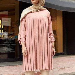 Ethnic Clothing Muslim Pleated Blouse Dress For Girl Women Tops Adjustable Sleeve Solid Color Shirt Islamic Wear Summer O-neck Streetwear