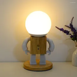 Table Lamps Nordic Bedside Robot Lamp With 3 Colour Light Wood Shade Button Rechargeable For Kids Bedroom