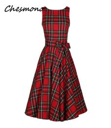 Women O Neck Red Tartan Cheques Plaid Dress Retro Vintage 50s 60s Pin Up Rockabilly Swing Dresses With Sash Hepburn Robe Vestidos Y5809096