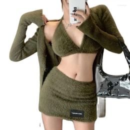 Work Dresses Korean Sexy Girls Faux Fur Coat Bra Mini Skirt Three Pieces Set Long Sleeves Deep V-neck Cardigan Design Winter Fall Fashion