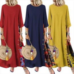 80 Sell Off Casual Dresses Plus Size Women Vintage O Neck 3 4 Sleeve Side Buttons Printed Loose Long Dress4896918
