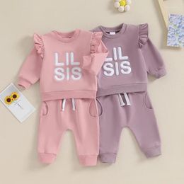 Clothing Sets 0-18M Born Infant Baby Girl 2Pcs Autumn Clothes Ruffled Long Sleeve Fuzzy Letter Embroidery Top Solid Colour Pants Outfit