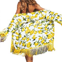 Women039s Swimwear Women Yellow Lemon Printed Beach Cover Up Casual Blouse Bikini Ups Swimming Robe With Tassels2955985