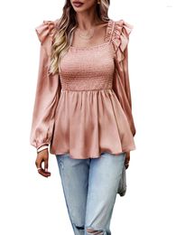 Women's Polos Lchiji Women S 2024 Chic Long Sleeve Turtleneck Smocked Ruffle Hem Babydoll Blouse Swing Tunic Top