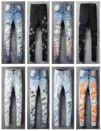 Designer Mens Jeans Cool Style Luxury Fashion Embroidered Patches Denim Pant Distressed Ripped Biker Black Blue men slim pencil Je2658198