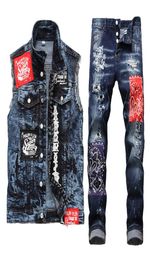 Fashion Slim Fit Men039s Tracksuits Stretch Patch Denim Vest and Jeans Two Piece Sets Male Blue Button Decoration Vest Matching4306757