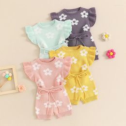 Clothing Sets FOCUSNORM 4 Colours Lovely Baby Girls Summer Clothes Floral Print Ruffle Sleeve Knit T Shirts Tops Elastic Shorts