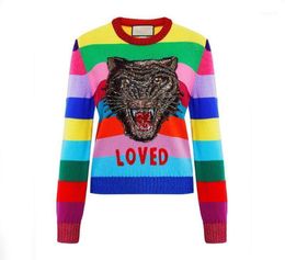 Women039s Sweaters Runway Design Tiger Sequins Women Sweater 2021 Winter Long Sleeve Female Rainbow Striped Knitted Pullovers E5540729