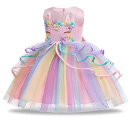 Girls Unicorn Tutu Dress Pastel Rainbow Princess Kids Birthday Party Ruffle Vestido 410T Summer Children Perform Prom Costume4425764