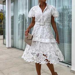 Basic Casual Dresses Sexy Hollow Flower Lace Slim Dress Summer Fashion Embroidered Button Womens Party Dress Elegant Stand Neck Puff Sleeve Dresses J240516