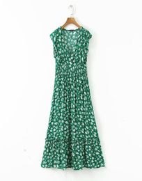 women v neck flower print ruffles green midi dress elegant shrink fold design vestidos chic brand party dresses5020669