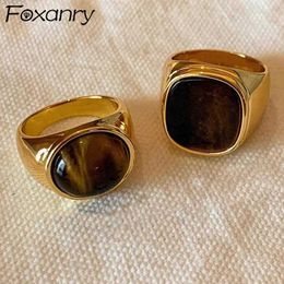 Band Rings Foxanry Gold Colour Tigers Eye Rings for Women Couples Creative Personality Vintage Simple New Fashion Birthday Jewellery Gifts J240516