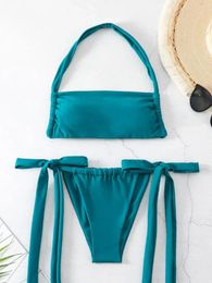 Women's Swimwear 2024 Drawstring Blue Bikini Solid Swimsuit Women Bandeau Halter Female Bathers Bathing Swimming Swim Suit Beachwear