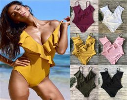 Yellow Solid Onepiece Swimsuit Falbala V neck Ruffle Sexy Monokini 2020 Ladies Beach Bathing Suit Swimwear1577332