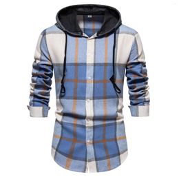 Men's Casual Shirts Hooded Long Sleeved Plaid Shirt Tops Stylish Design Cheque Male 2024 Summer Fall Pullover