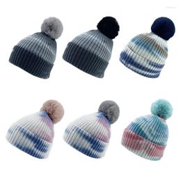 Berets Unisex Winter Warm Knitted Beanie Hat With Detachable Pom Tie-Dye Skull