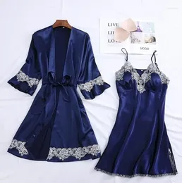 Home Clothing Women 2PCS Navy Blue Robe Sets Sexy Satin Split Lingerie Dressing Gown Kimono V-Neck Nightdress Nighty Loose Lounge Clothes