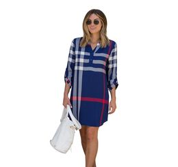 2019 new fashion women lattice printing V collar Long sleeves Leisure time Dress Loose and thin Shirt Dress3841336