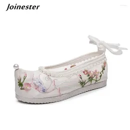 Casual Shoes Air Mesh Ethnic Embroidered Flat For Women 2024 Summer Sandals With Pearls Chaussure Femme Retro Cross-tied Flats