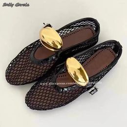 Casual Shoes Genuine Leather Grid Metal Decoration Ballet Flats 2024 Summer All-MAtch Round Toe Catwalk Style Shallow