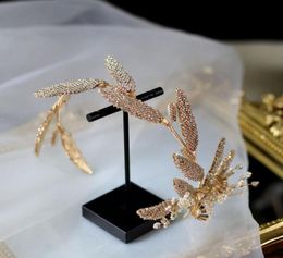 Hair Clips Barrettes Bride Elegant Crystal Pearls Floral Hairband With Earrings Gold Retro Leaves Head Piece Luxury Headband Wed4477444