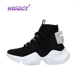 Casual Shoes Knitted Stretch Fabric Platform Sneakers Women 2024 Autumn Fashion Breathable Mesh Lace-Up High-top Women's