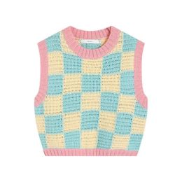 Lazy Style Hollow Plaid Knitted Vest For Womens Summer Short Outerwear Top Ins Korean Fashion Sweater Chic Jumper 240518