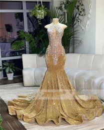 Party Dresses Sparkly Diamond Gold Mermaid Prom For Black Girls Luxury Beaded Tassel Long Gowns African Style Sequin Dress