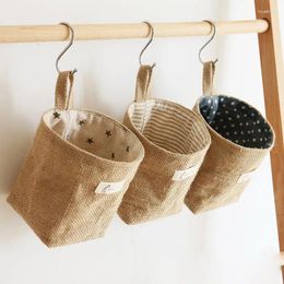 Storage Bags Hanging Jute Cotton Linen Bag Desktop Basket Pocket Sack Sundries Box With Handle Cosmetic