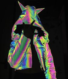 New 2021 Winter Outerwear Parkas Women Rainbow Reflective Woman Warm Coat Girl Crop Jackets Hooded Short Top Reflect Coats6641424