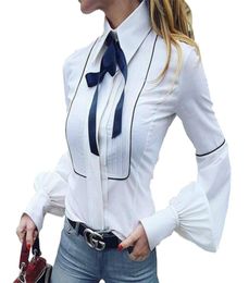 Bow Tie Blouses Women Lantern Sleeve Shirts Top Button White Shirts Female Elegant Office Top Sexy Club Party Shirt Blusas GV1595915419