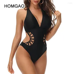 Women's Swimwear HOMGAO Sexy Hollow Out 2024 One Piece Swimsuit Brazilian Black Halter Bodysuit Girls Beachwear Bathing Suit