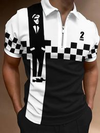 Summer Men Polo Shirt Turn Down Collar Zipper Tops Short Sleeve Plaid Streetwear Oversized Design Clothes Breathable Shirts 240507