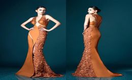 Charming Ochre Colored Prom Dresses Plunging Neckline Appliques Sleeveless Red Carpet Dress 2017 Sexy Pretty Woman Mermaid Evening1437265