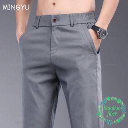 Summer Soft Stretch Bamboo Fibre Fabric Casual Pants Men Thin Slim Elastic Waist Business Work Grey Breathe Trousers Male 240518