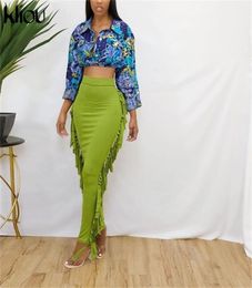 Kliou Side Tassel Women Skirt Elegant Unique Robe Straight Skinny Hight Waist Stretchy Streetwear Style Female Clothes 2204018646954