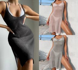Women Sexy Mesh Beach Dress Sheer Long Cover Up Knitted Tunic Female Swimsuit Bikini Sarong Swimwear Sling4865145