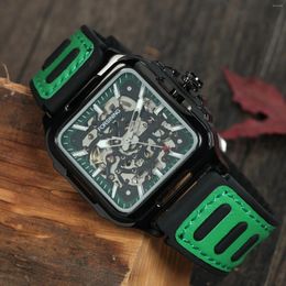 Wristwatches Forsining Sports Square Automatic Mechanical Watch For Men Fashion Luminous Hand Black Green Rubber Leather Strap Luxury