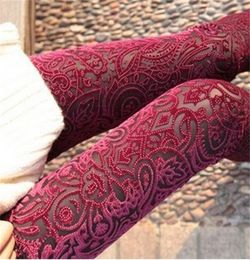 Whole 2016 New Casual Fashion Women Leggings Pants Sexy Vintage Skinny Floral Lace Velvet See Through Elastic Stretch High Wa1480151