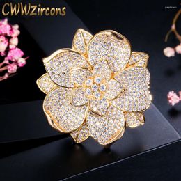 Brooches CWWZircons Yellow Gold Colour Luxury Women Large Brooch Flower Shape Wedding Party Bridal Costume Jewellery Accessories BH012