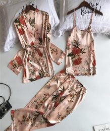 9Color Women Pajamas Sets with Pants 3Pcs Satin Silk Print Floral Pink Night Home Wear Pyjama Sleep Women039s Clothing 2103055239272