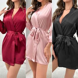 Pajamas for women in summer, women's lace up bathrobes, sexy morning gowns, and home clothing that can be worn externally with ice silk pajamas