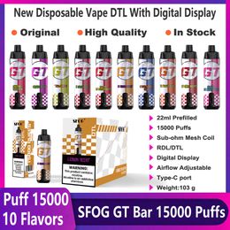 new 15000 puff 15k disposable vapes e cigarette shisha DTL SFOG GT BAR 15k puff 15000 vaper 22ml pod digital display vape pen vs al stick fakher elf bc10000 18k 20000 20k