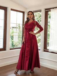 Runway Dresses Elegant Satin Embroidery Women Evening Dresses Fashion Round Neck Formal Prom Gowns Sexy Long Slves Bridesmaid Robe De Soir T240518